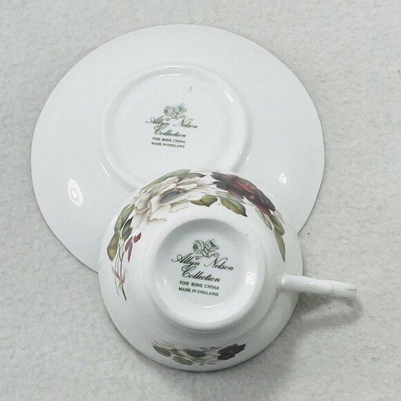Vintage England Allyn Nelson Teacup Saucer Cup Set Red Rose White Flower Spring - Picture 8 of 10